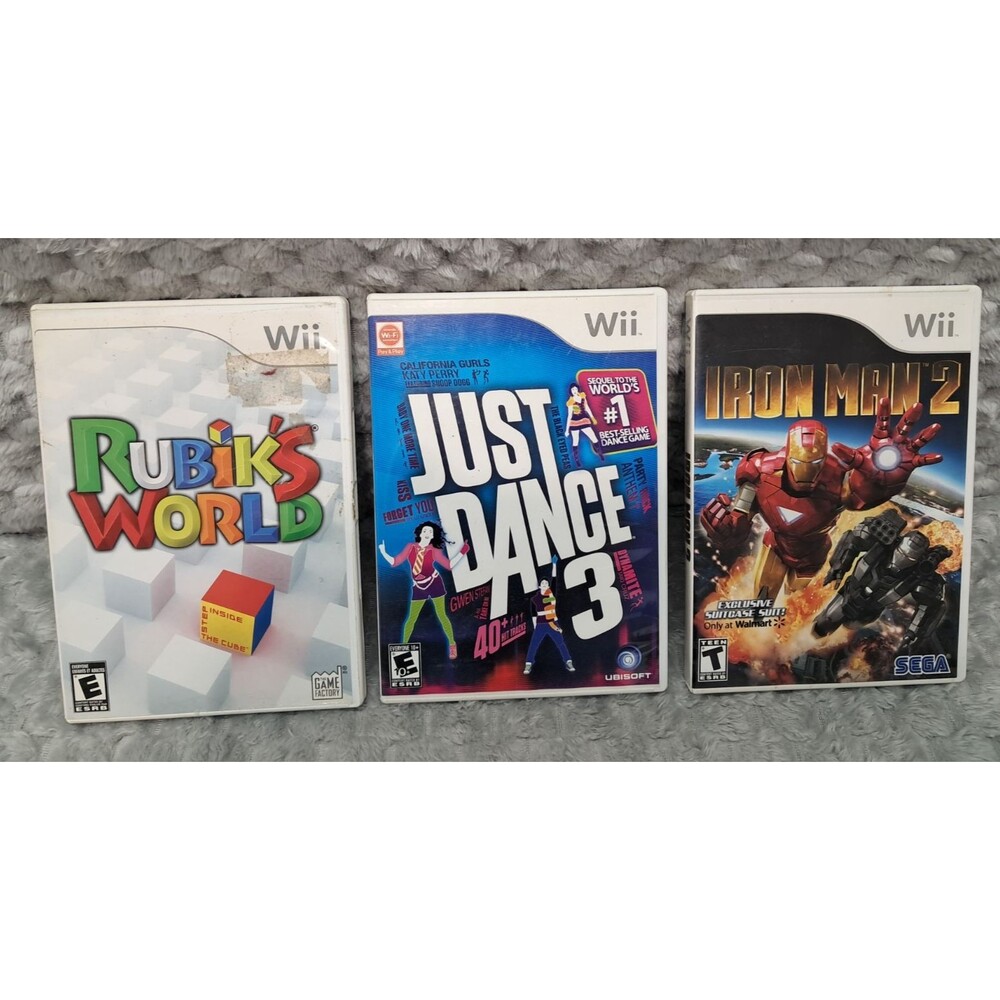 Lot of 3 Nintendo Wii Games Rubik's World Just Dance 3 Iron Man 2 Case Manuals